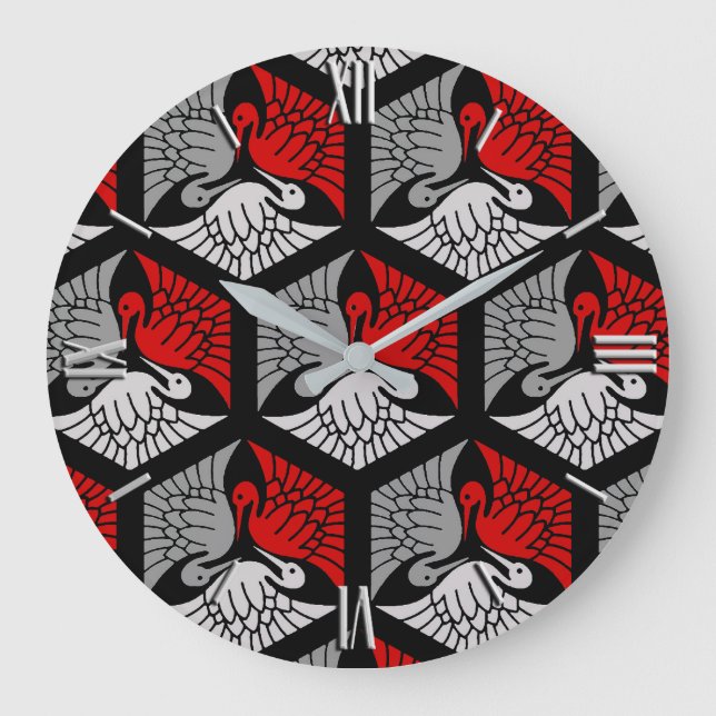 Japanese Cranes, Red, Gray / Grey and Black Große Wanduhr (Vorderseite)