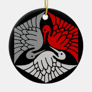 Japanese Cranes, Red, Gray / Grey and Black Keramik Ornament
