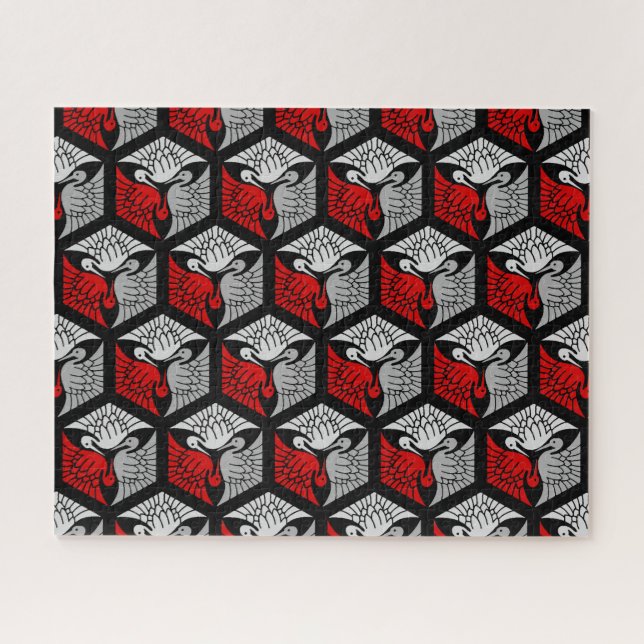 Japanese Cranes, Red, Gray / Grey and Black Puzzle (Horizontal)