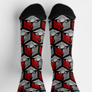 Japanese Cranes, Red, Gray / Grey and Black Socken