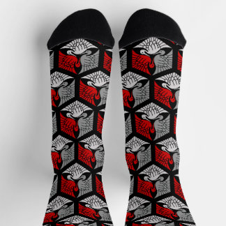 Japanese Cranes, Red, Gray / Grey and Black Socken