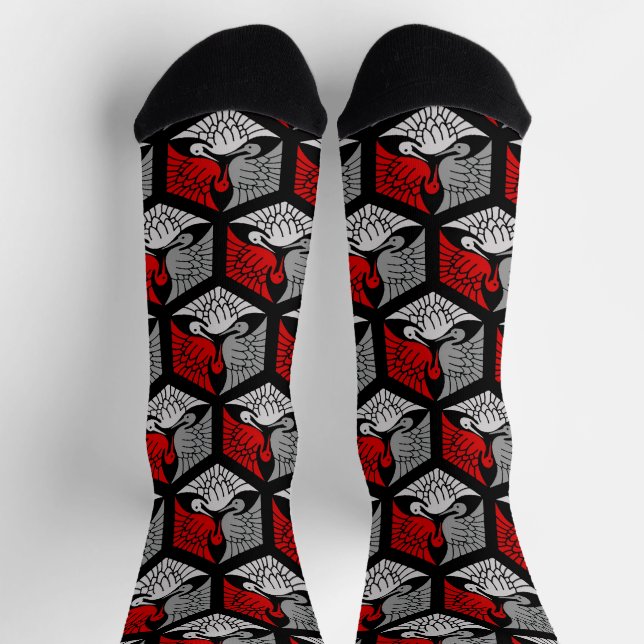 Japanese Cranes, Red, Gray / Grey and Black Socken (Oben)