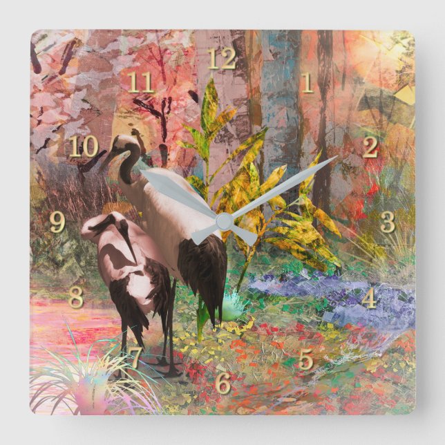 JAPANESE CRANES "Rising Sun" Quadratische Wanduhr (Vorderseite)