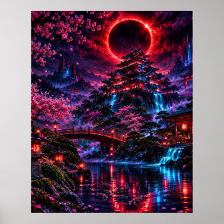 Japanese Cyberpunk Castle Poster