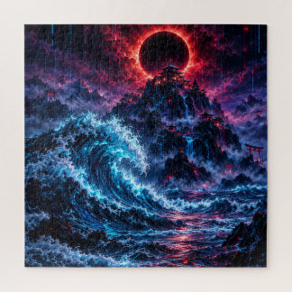 Japanese Cyberpunk Mountain Wave Eclipse Poster Puzzle