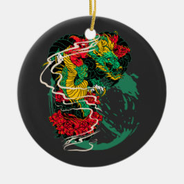 Japanese Dragon Peony Traditional Tattoo Art Keramik Ornament