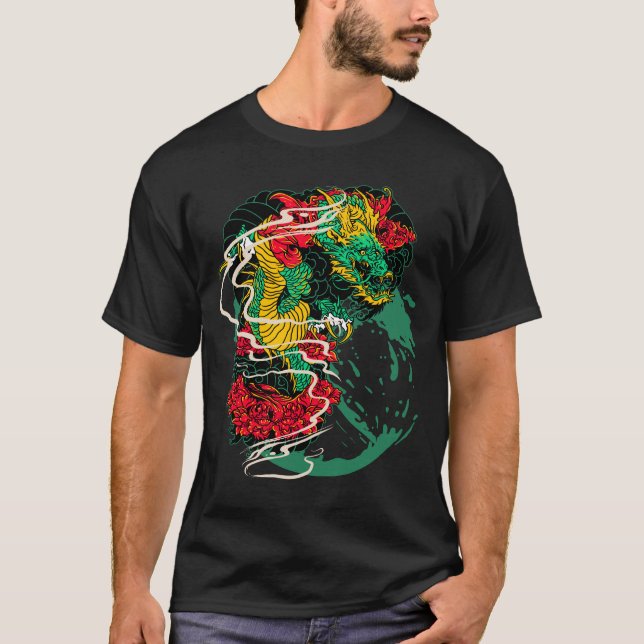Japanese Dragon Peony Traditional Tattoo Art T-Shirt (Vorderseite)