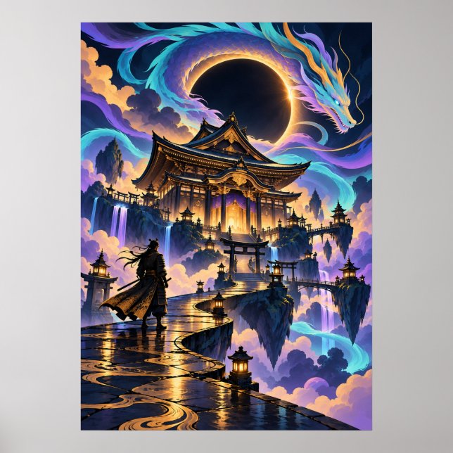 Japanese Dragon Samurai Fantasy Temple Poster (Vorne)