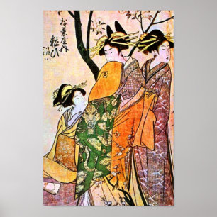 Japanese Engraving of Three Geisha Poster
