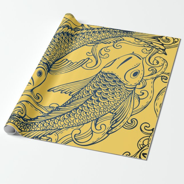 JAPANESE FISH YELLOW GIFT Wrapping Paper Geschenkpapier (Ungerollt)