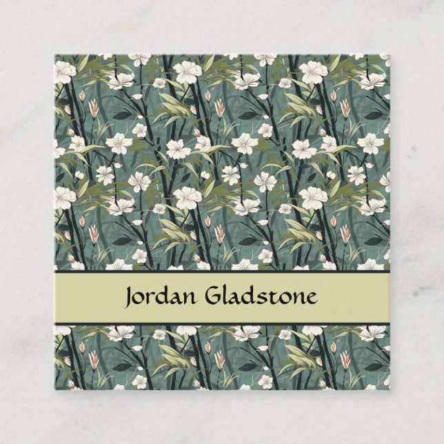 Japanese Floral Bamboo Sage Green Black Template  Quadratische Visitenkarte (Vorderseite)