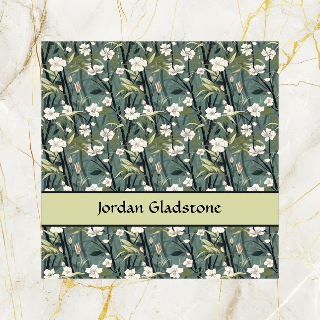 Japanese Floral Bamboo Sage Green Black Template  Quadratische Visitenkarte (Von Creator hochgeladen)