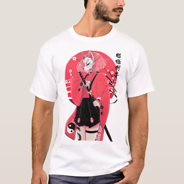 Japanese Fox Mask Girl Urban Vaporwave Style  T-Shirt (Vorderseite)