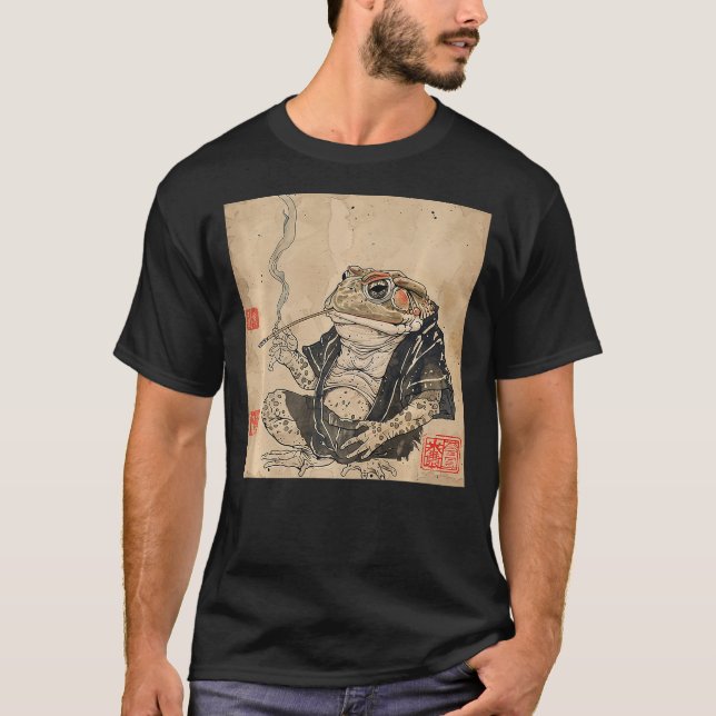 Japanese Frog Smoking In Ukiyo-e Woodblock Style T-Shirt (Vorderseite)