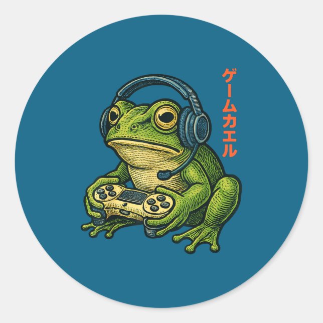 Japanese Gamer Frog Art Men Women Boys Funny Vinta Runder Aufkleber (Vorderseite)