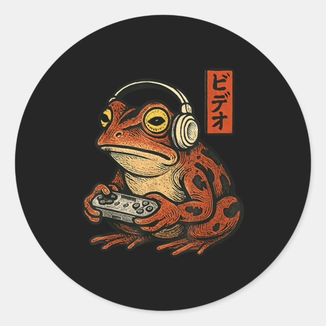 Japanese Gamer Frog Art Men Women Boys Funny Vinta Runder Aufkleber (Vorderseite)