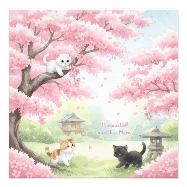 Japanese Garden Kittens & Cherry Blossoms Watercol Fotodruck (Vorne)