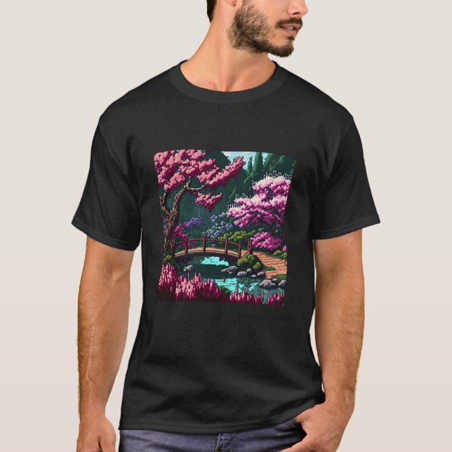 Japanese Garden with Bridge Cherry Blossom 16bit V T-Shirt (Vorderseite)
