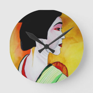 Japanese Geisha with green kimono original art Runde Wanduhr