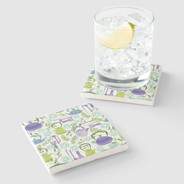 Japanese Green Teapot Design Steinuntersetzer (Seitenansicht)