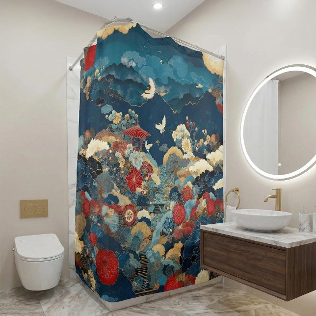 Japanese Inspired Luxury Bathroom Floral Art Duschvorhang (Von Creator hochgeladen)