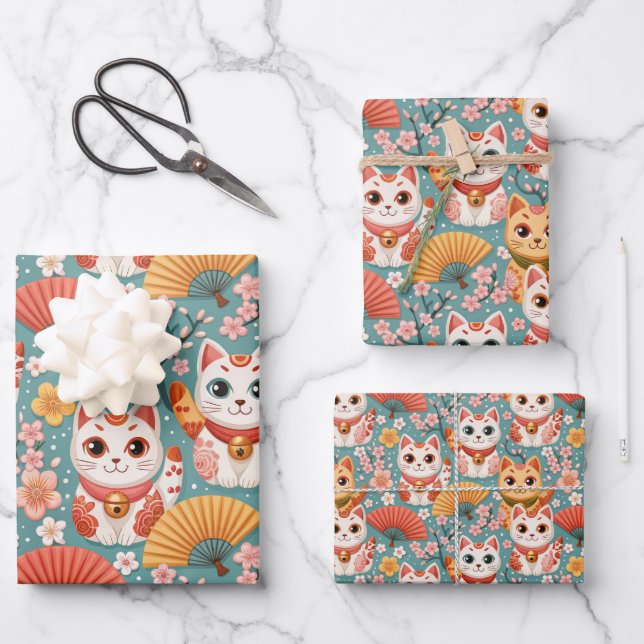 Japanese Kawaii Cats with Cherry Blossoms Birthday Geschenkpapier Set (Vorderseite)