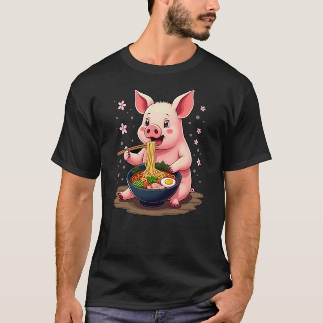 Japanese Kawaii Pig Eating Ramen T-Shirt (Vorderseite)
