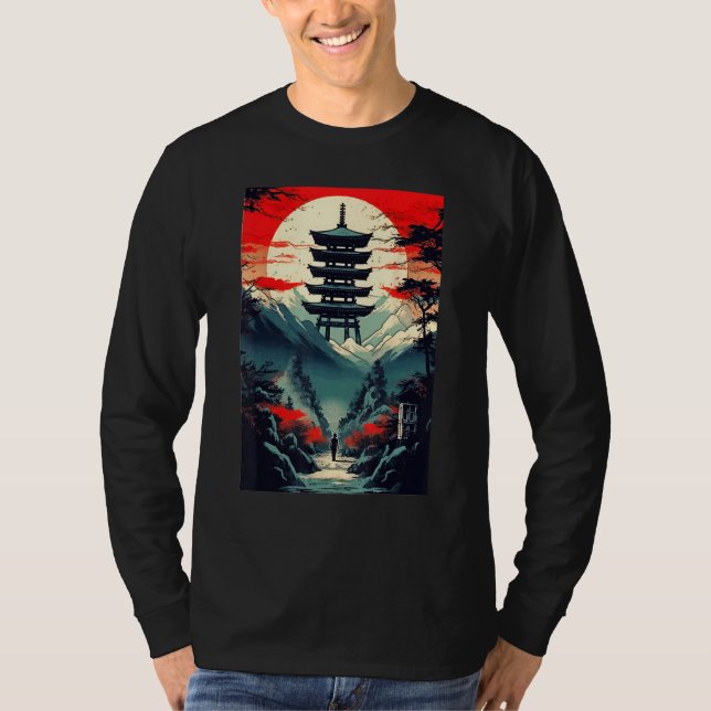 Japanese Landscape Mountains Valley Tower Sunset T-Shirt (Vorderseite)