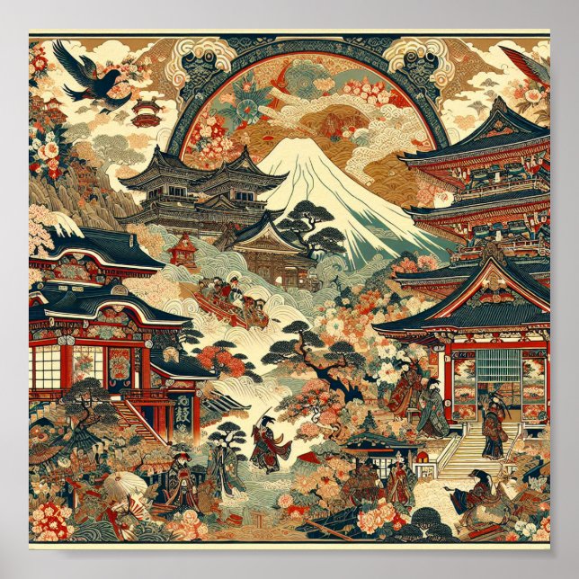 Japanese Landscape Mt Fuji Temples Cherry Blossoms Poster (Vorne)