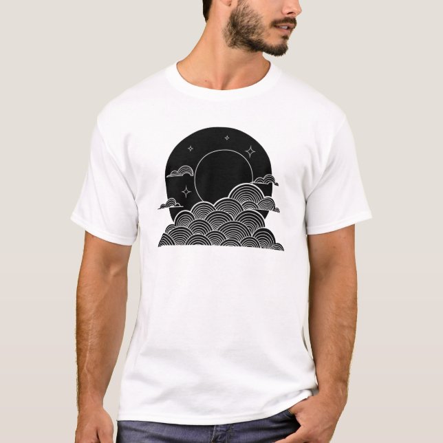 Japanese Moon Wave Minimalist Black White T-Shirt (Vorderseite)