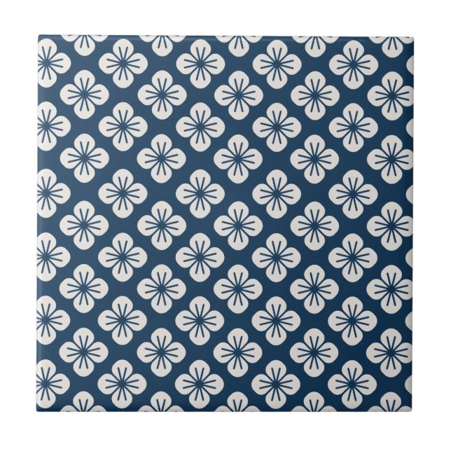 Japanese Navy Blue Ivory Floral Geometric Pattern Fliese (Vorderseite)