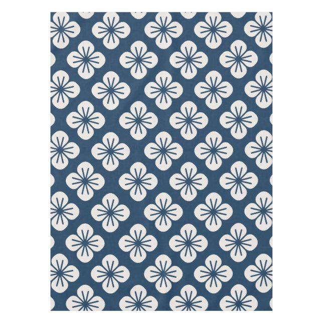 Japanese Navy Blue Ivory Floral Geometric Pattern Tischdecke (Vorderseite)