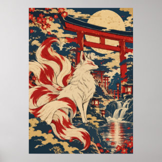 Japanese Nine Tailed Fox Kitsune Shrine Moon Art Poster