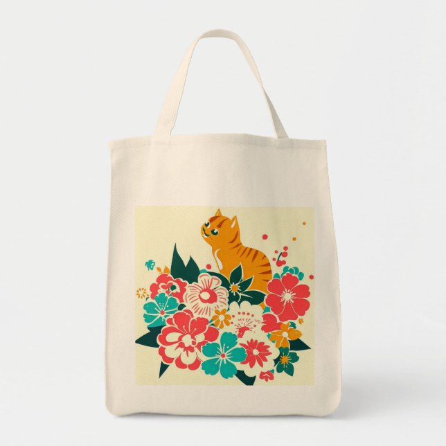 Japanese old scool cat and flowers tragetasche (Vorne)