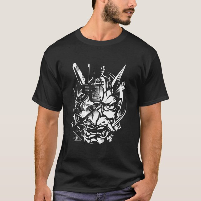Japanese Oni Cyberpunk Samurai Fun Techwear T-Shirt (Vorderseite)