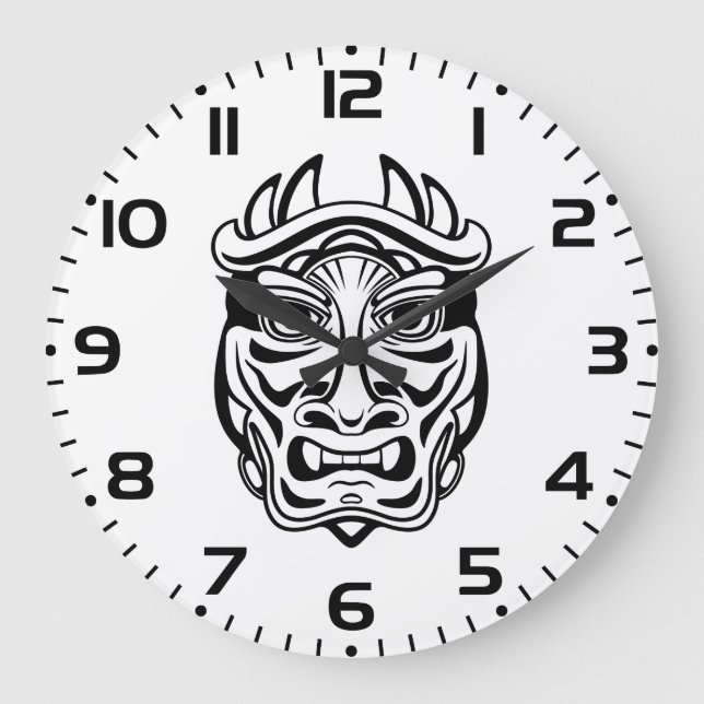 Japanese Oni Mask Tribal Demon Line Art Große Wanduhr (Vorderseite)