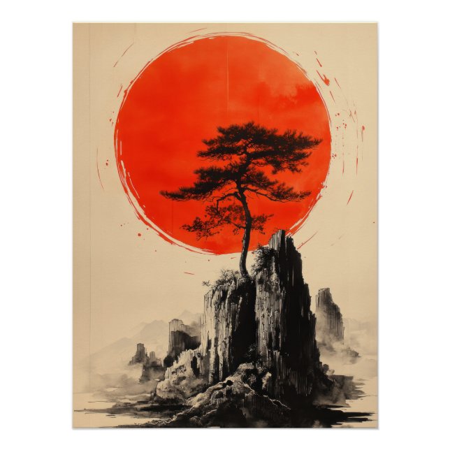 Japanese Pine Tree & Red Sun | Minimalist Zen Art Poster (Vorderseite)