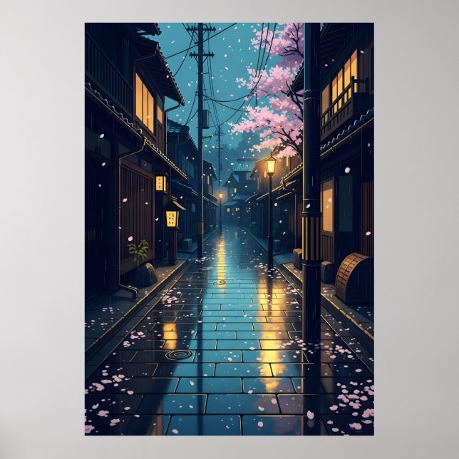 Japanese Rainy Cozy Cherry Blossom Street Anime Poster (Vorne)