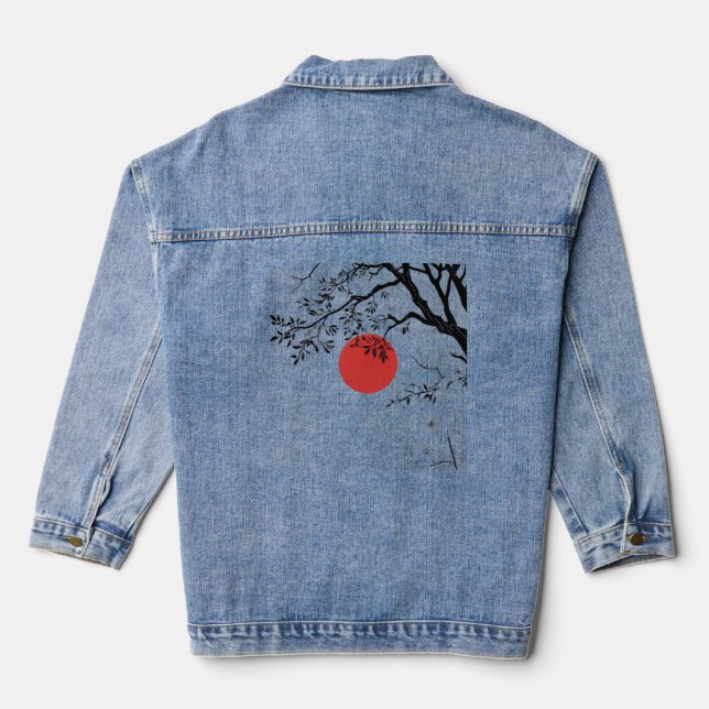 Japanese Red Sun & Brush Tree Art Jeansjacke (Rückseite)