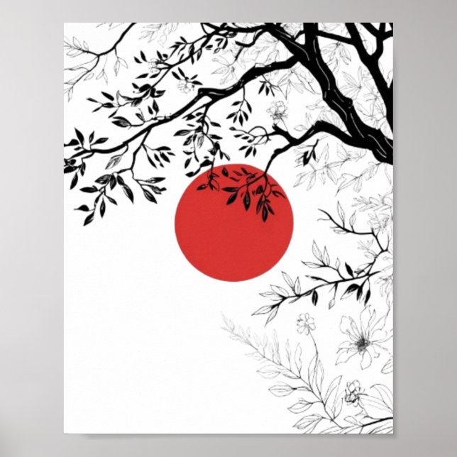 Japanese Red Sun & Brush Tree Art Poster (Vorne)