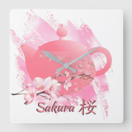 Japanese Sakura Teapot Wall Clock  Quadratische Wanduhr