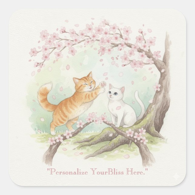 Japanese Sakura & Zen Cats Watercolor  Quadratischer Aufkleber (Vorderseite)