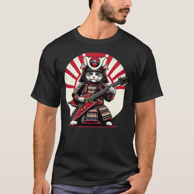 Japanese Samurai Cat Playing Electric Guitar Playe T-Shirt (Vorderseite)