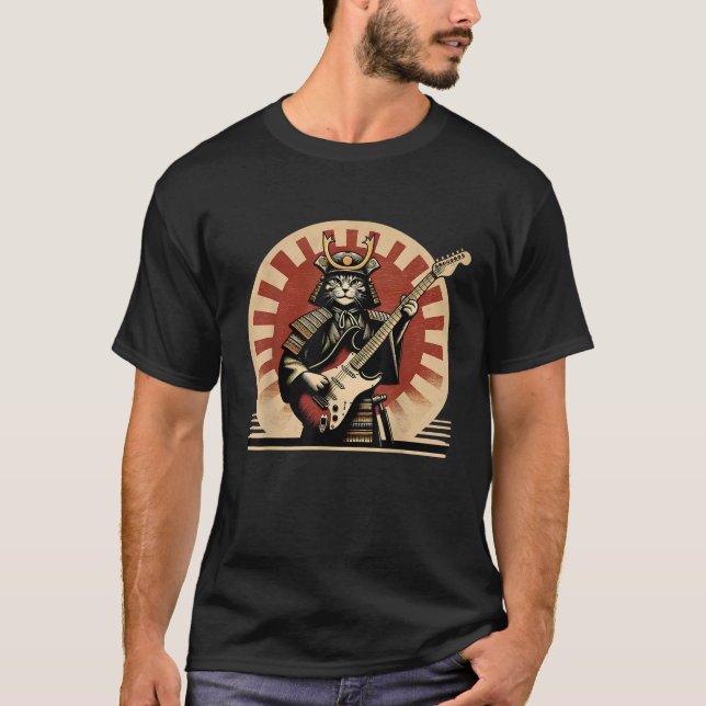 Japanese Samurai Cat Playing Electric Guitar Retro T-Shirt (Vorderseite)