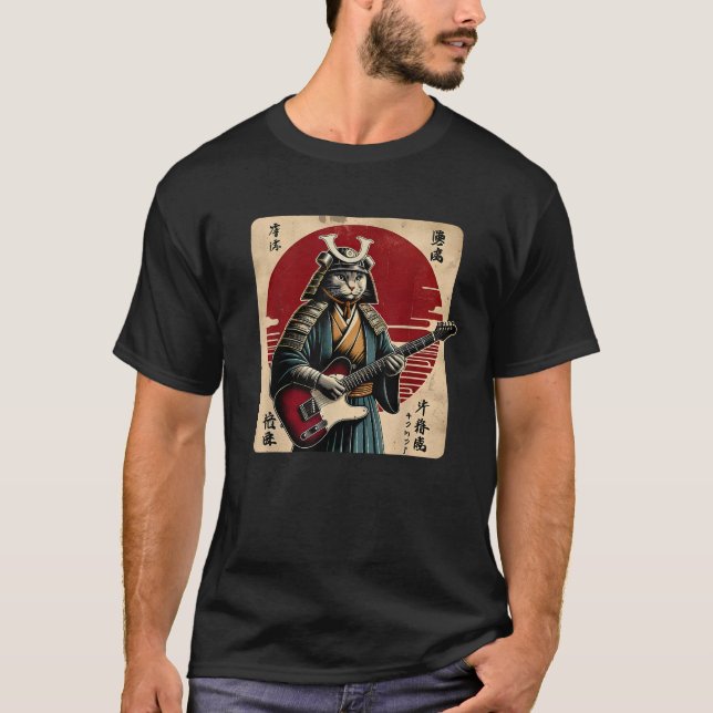 Japanese Samurai Cat Playing Electric Guitar Retro T-Shirt (Vorderseite)