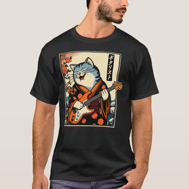 Japanese Samurai Cat Playing The Electric Guitar T-Shirt (Vorderseite)