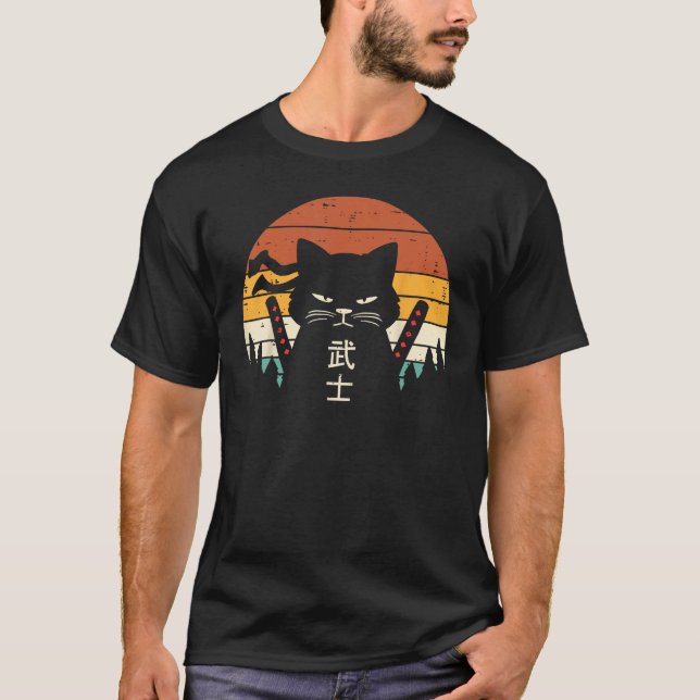 Japanese Samurai Cat Warrior Retro Ninja Men Women T-Shirt (Vorderseite)