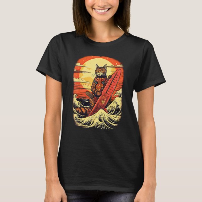 Japanese Samurai Cat with wave & mountain Illustra T-Shirt (Vorderseite)