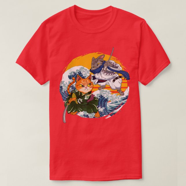 Japanese Samurai Ninja Cat Kawaii Cat Warrior Anim T-Shirt (Design vorne)