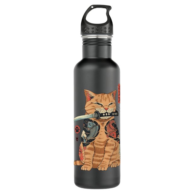 Japanese Samurai Ninja Cat Kawaii Tattoo Graphic Edelstahlflasche (Vorderseite)